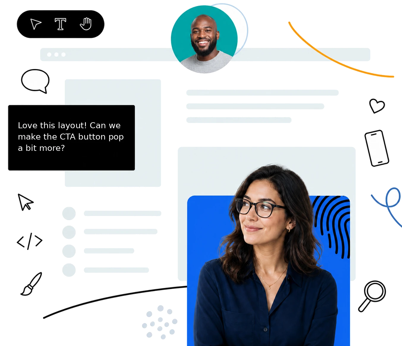 Web design collaboration illustration - website wireframe, client feedback, and a friendly web designer