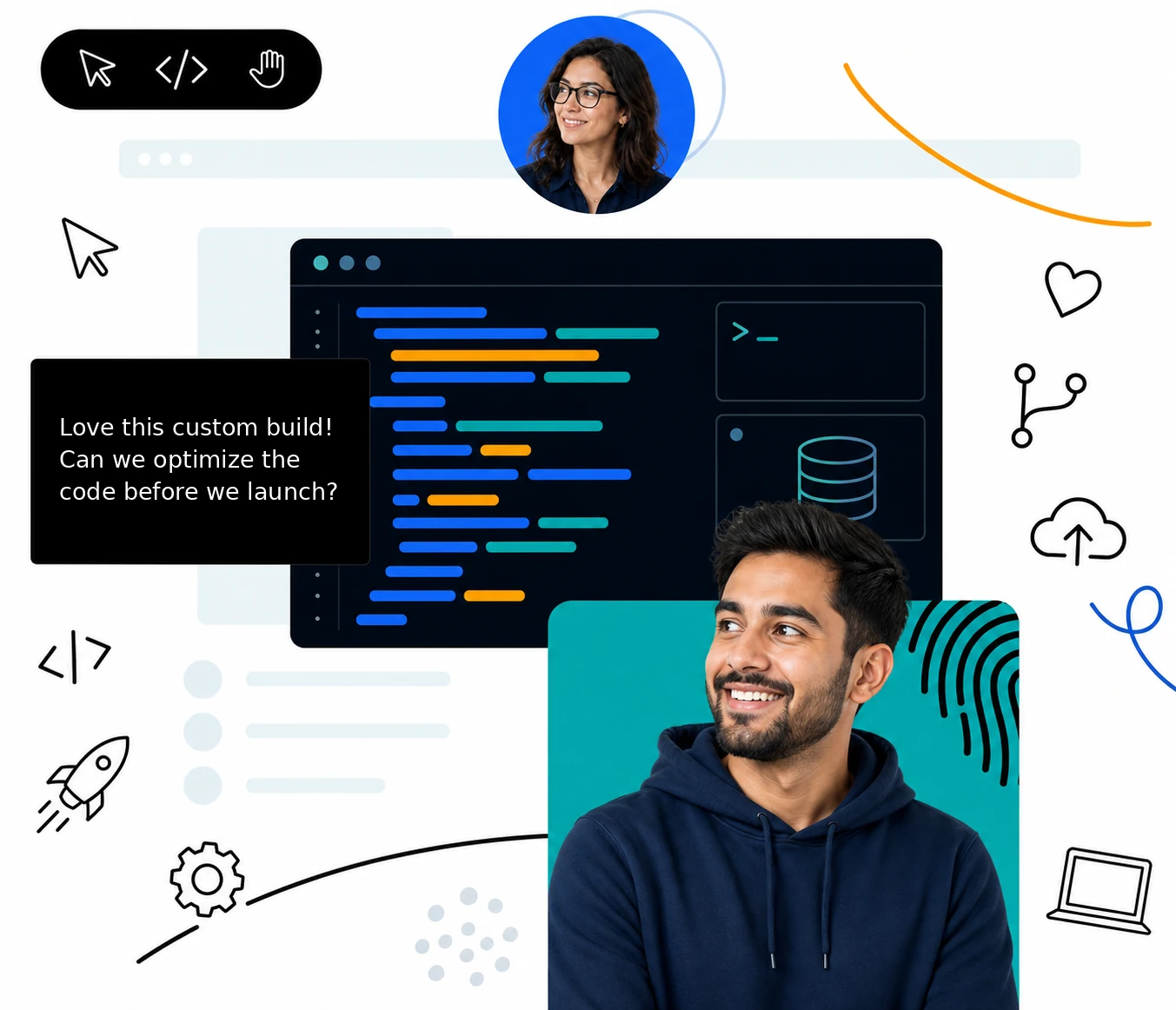 Custom web development illustration showing a code editor, a developer, and coding doodles