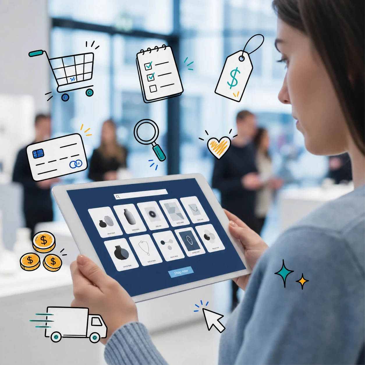 Woman browsing an e-commerce store on a tablet with hand-drawn shopping doodles overlay