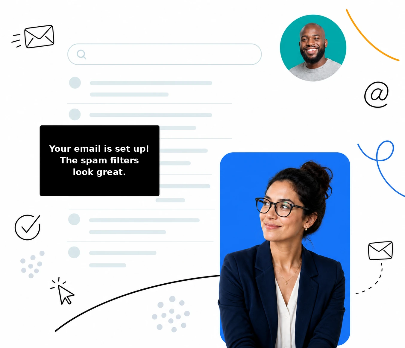 Professional business email illustration with inbox and spam protection