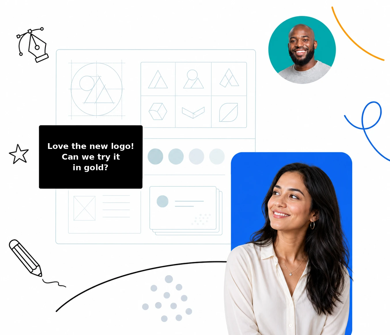 Logo and brand design illustration with sketch grid and color swatches