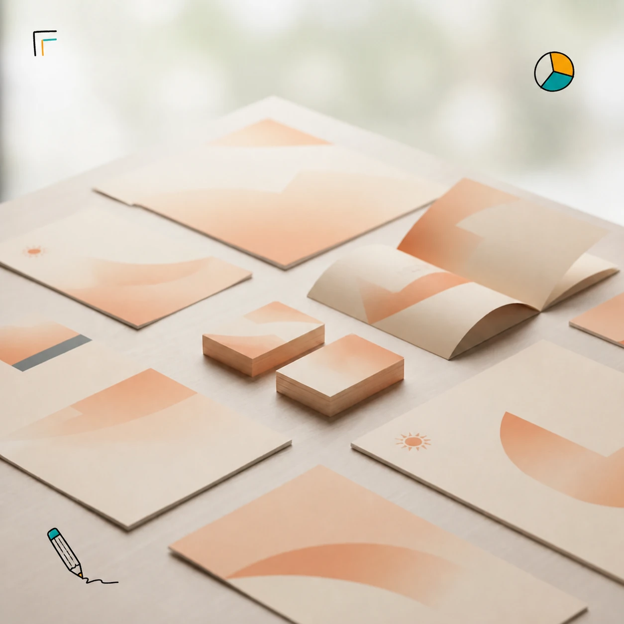 Print design stationery with hand-drawn crop marks and color swatch doodles