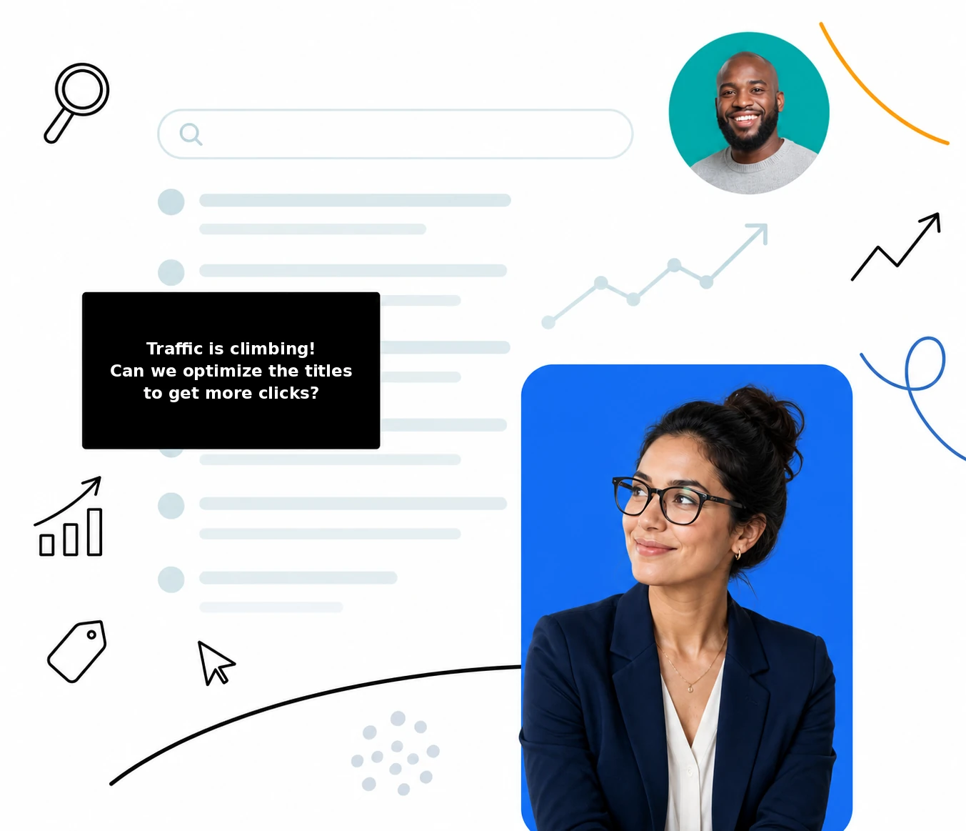 SEO and search marketing illustration with rankings dashboard, growth chart, and hand-drawn doodles