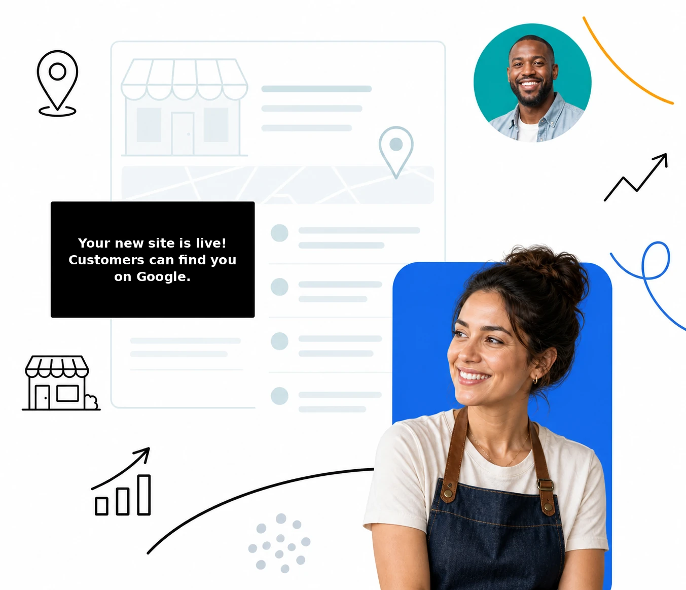 Small business website design illustration with storefront and local map