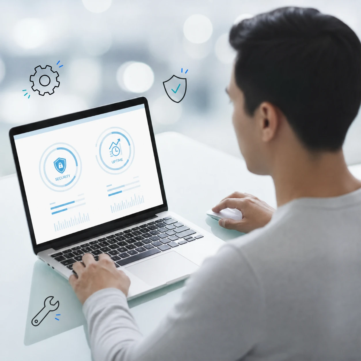 IT professional monitoring uptime with hand-drawn gear and shield doodles