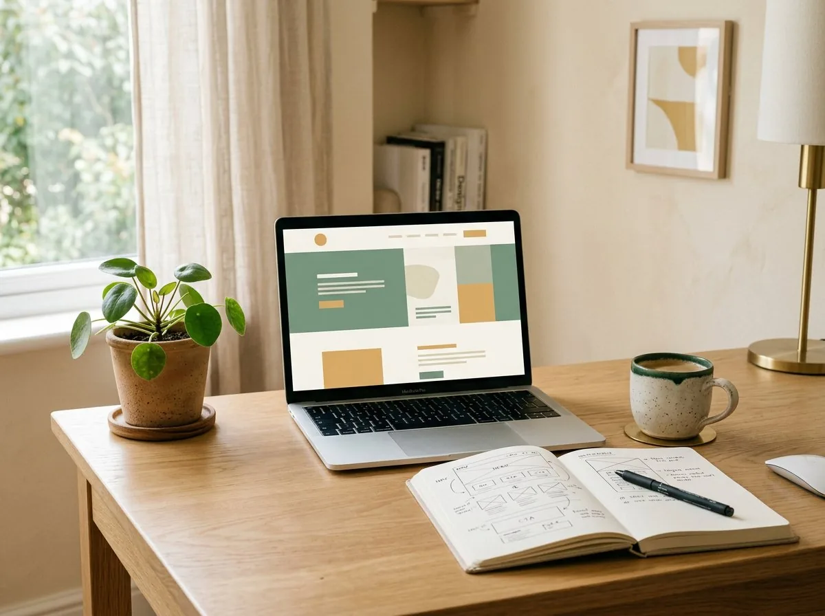 Sleek Website Design studio desk with a website layout and wireframe sketches