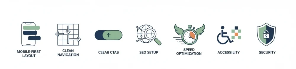 What every build includes: mobile-first layout, clean navigation, clear CTAs, SEO setup, speed, accessibility and security